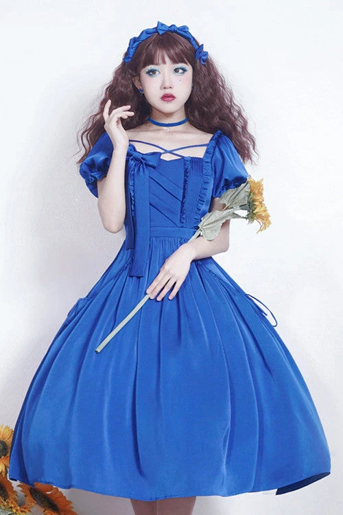 Blue Square Collar Ruffled Puff Short Sleeves High Waisted Classic Lolita OP Dress 4 Blue Square Collar Ruffled Puff Short Sleeves High Waisted Classic Lolita OP Dress - Image 2
