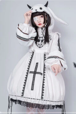 Beige Detachable Hat High Neck Woolen Cuffs Demon Rabbit Gothic Lolita OP Dress -LolitaInside 79e2d40483909f54da70fba5eaa3f07a
