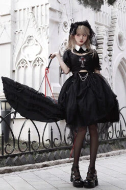 Black Rose Embroidered Cutout Top Irregular Short Sleeves Gothic Lolita Dress Set -LolitaInside 7a3985901b9d8550009c0337bbb7681f