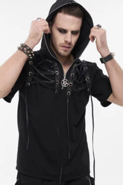 Black Punk Short Sleeve Metal Zipper Lace-Up Knit Loose Casual Hooded Men's T-Shirt -LolitaInside 7a9086396ab27b8f9d465acf2f53e50e