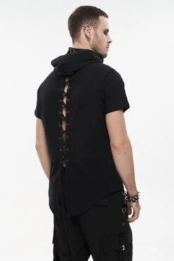 Black Hooded Mesh Splice Zipper Back Openwork Lace-Up Casual Short Sleeve Men's Punk T-Shirt -LolitaInside 7a9bbaab07fe167e72cf6c7954b542ed