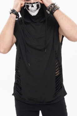 Black Skull Print Super High Neck Masked Rivet Hole Hooded Short Sleeve Men's Punk T-Shirt