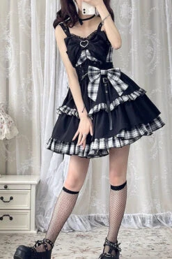 Black/White Plaid Print Color Contrast Leather Buckle Bowknot Ruffle Gothic Lolita JSK Dress -LolitaInside 7b47899740734063f8d819c26f1c9d9a