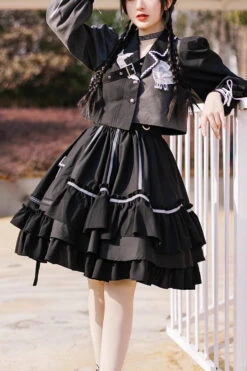 Black Night Talking Reflective Strip Long Sleeves Ruffle Pleated Gothic Lolita Dress Set