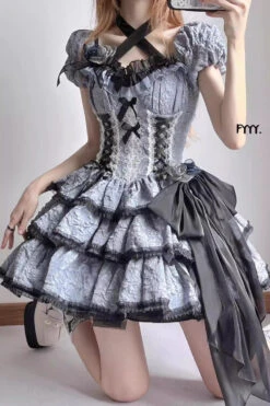 Black/Blue Medea Kiss Short Sleeves Gothic Lolita Op Tiered Dress 9 Black/Blue Medea Kiss Short Sleeves Gothic Lolita Op Tiered Dress -LolitaInside 7bca6fe13f771753fbfbdb250773ccf4