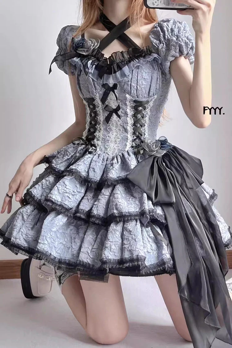 Black/Blue Medea Kiss Short Sleeves Gothic Lolita Op Tiered Dress 5 Black/Blue Medea Kiss Short Sleeves Gothic Lolita Op Tiered Dress - Image 3