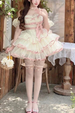 Pink/Beige Ballerina Style Bowknot Slim Fluffy Princess Sweet Lolita Tiered Dress