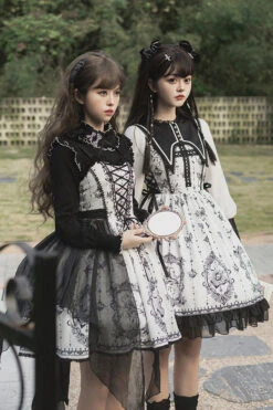 Black/White Long Sleeves Lace Ruffle Butterfly Magic Print Gothic Lolita OP Dress -LolitaInside 7d0d5271257ad612ac38069405016fc9