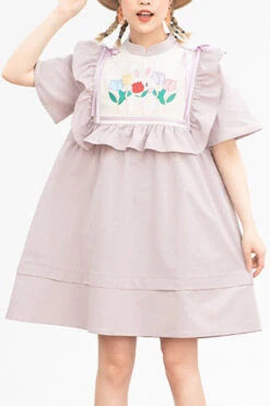 Pink Round Collar Cartoon Floral Print Ruffled Short Sleeves High Waisted Sweet Lolita Dress