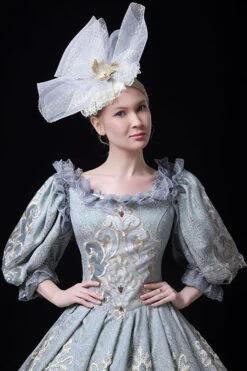 Blue Boat Neck Half Sleeves High Waisted Hollow Embroidery Floral Print Victorian Lolita Prom Dress -LolitaInside 7e0d6825b9c7af3ff35d45359a786c16