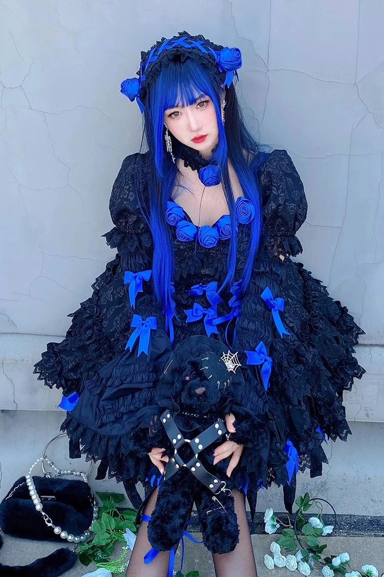 Black/Blue Puff Short Sleeves Princess Gothic Lolita Tiered Dress 5 Black/Blue Puff Short Sleeves Princess Gothic Lolita Tiered Dress - Image 3