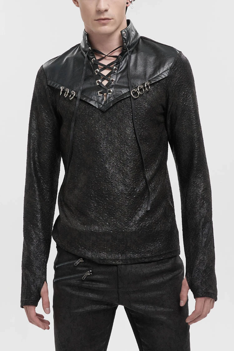 Black Stand Collar Long Sleeves Faux Leather Splice Men's Gothic Shirt 3 Black Stand Collar Long Sleeves Faux Leather Splice Men's Gothic Shirt