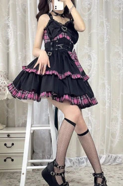 Black/Pink Plaid Print Color Contrast Leather Buckle Bowknot Ruffle Gothic Lolita JSK Dress 11 Black/Pink Plaid Print Color Contrast Leather Buckle Bowknot Ruffle Gothic Lolita JSK Dress -LolitaInside 7f348c9cd7f414189e54ec46200ec073