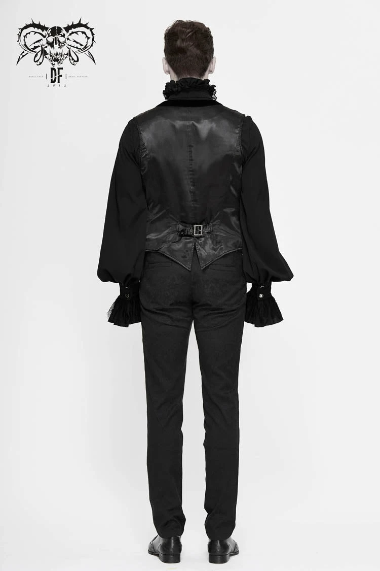 Black Velveteen Asymmetrical Pleated Splice Waist Loop Men's Gothic Waistcoat 8 Black Velveteen Asymmetrical Pleated Splice Waist Loop Men's Gothic Waistcoat - Image 6