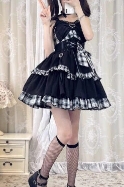 Black/White Plaid Print Color Contrast Leather Buckle Bowknot Ruffle Gothic Lolita JSK Dress -LolitaInside 7f6ec11c8cde406857a59542c771624b