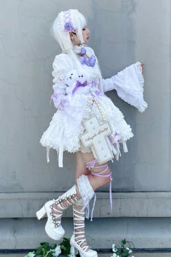 White/Purple Puff Short Sleeves Princess Gothic Lolita Tiered Dress -LolitaInside 7f8dc10159d7acc26a16b39d1583face