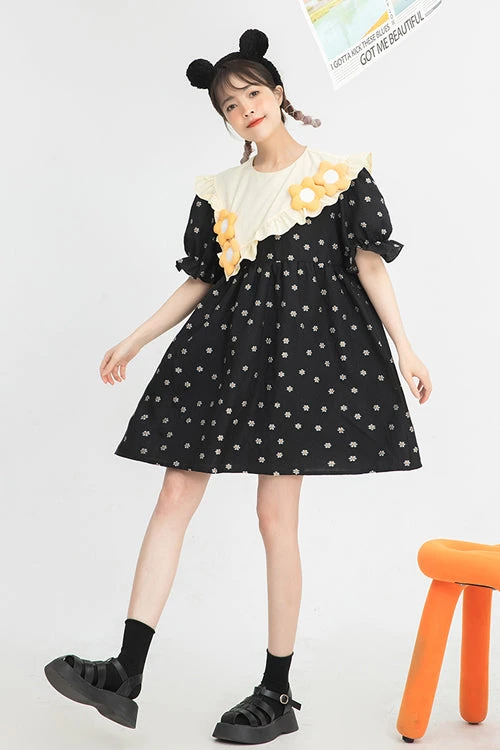 Black Ruffled Splicing Round Collar Bubble Short Sleeves Floral Print High Waisted Sweet Lolita Dress 8 Black Ruffled Splicing Round Collar Bubble Short Sleeves Floral Print High Waisted Sweet Lolita Dress - Image 6