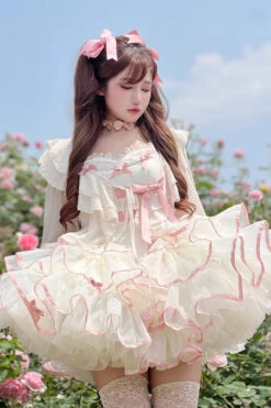 Pink/Beige Ballerina Style Bowknot Slim Fluffy Princess Sweet Lolita Tiered Dress -LolitaInside 7fc3c7840e923e595f4a8dd39fa720dd