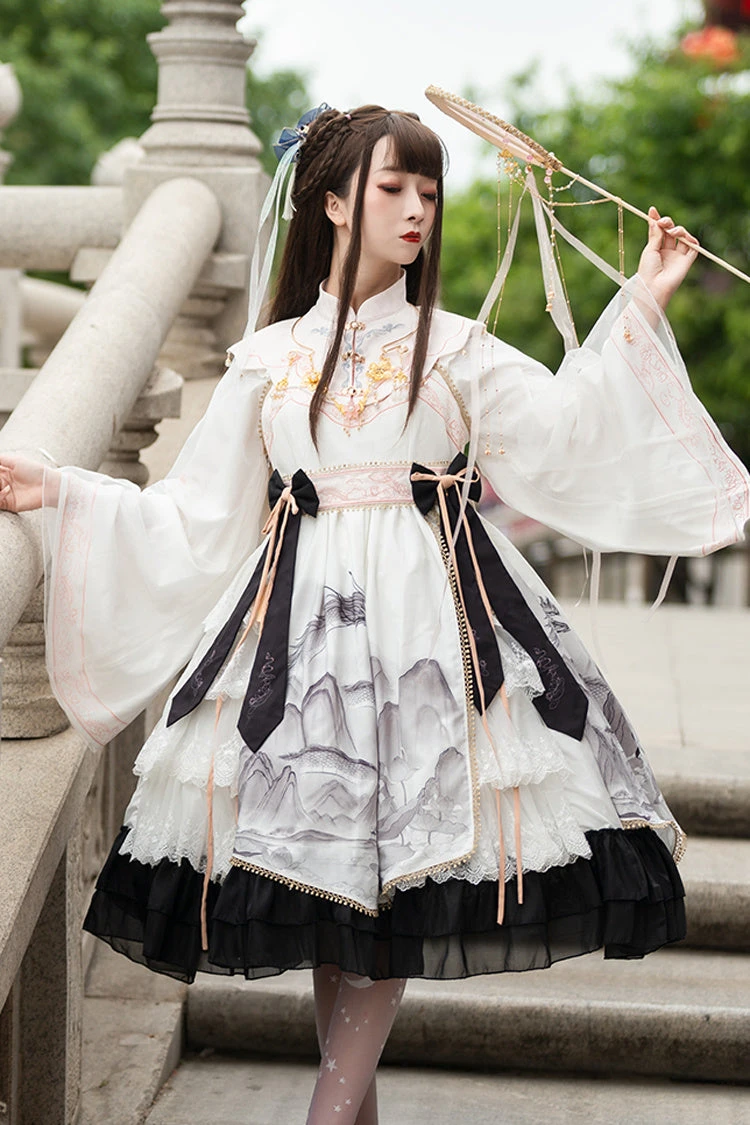 Chinese Style Long Sleeves Landscape Painting Print Bowknot Sweet Elegant Lolita Dress 2 Colors 4 Chinese Style Long Sleeves Landscape Painting Print Bowknot Sweet Elegant Lolita Dress 2 Colors - Image 2
