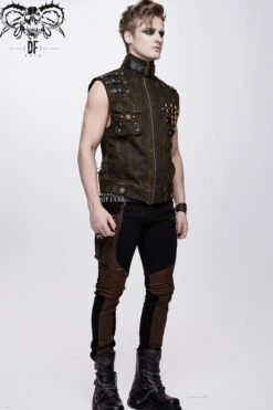 Brown Asymmetrical Bullet Belt 3D Pocket Leather Loop Rivet Back Lace Up Men's Punk Waistcoat -LolitaInside 80e8bdc00c439fe2c8d19b316101f1cd