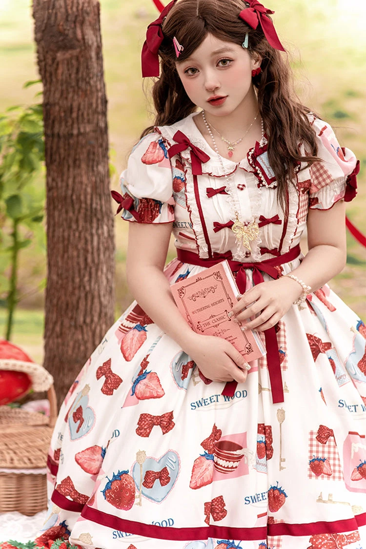 Multi-Color Strawberry Bowknot Print Short Sleeves Short Version Sweet Lolita Dress 5 Multi-Color Strawberry Bowknot Print Short Sleeves Short Version Sweet Lolita Dress - Image 3