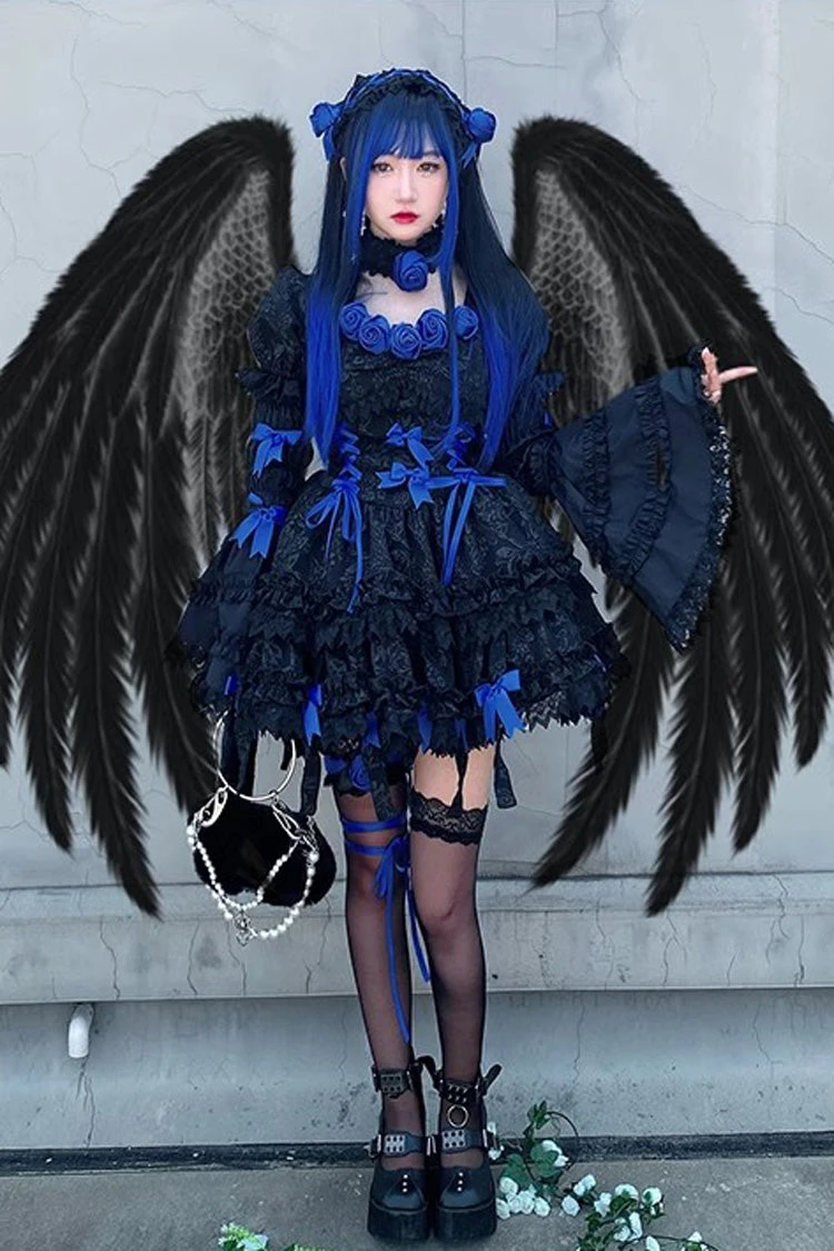 Black/Blue Puff Short Sleeves Princess Gothic Lolita Tiered Dress 4 Black/Blue Puff Short Sleeves Princess Gothic Lolita Tiered Dress - Image 2