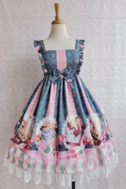 Chocolate Cat Print Ruffled High Waisted Sweet Lolita JSK Dress -LolitaInside 82944db363843cbef88f647e2f72be1c