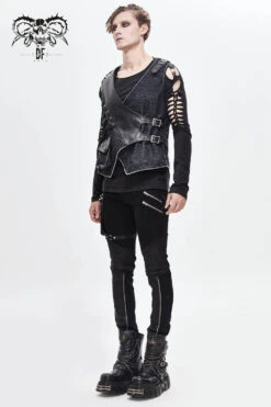 Black V Neck Asymmetric Lace Up Leather Loop Shoulder Rivet Corduroy Men's Punk Waistcoat -LolitaInside 82e5e052b2df3a6e90177e9cae475684