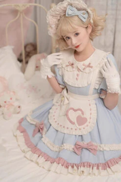 Blue Short Puff Sleeves Ruffle Bowknot Maid Sweet Princess Lolita Dress -LolitaInside 830651d17aaee1c2991f3e5bc49f0290
