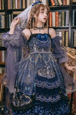 Blue Skull Print Hanayome Bowknot Pearl Chain Multi-Layer Ruffled Gothic Lolita JSK Tiered Dress -LolitaInside 835a5bc1b8e0a0a288206bfd3a3acab3 55eda8e6 0a69 4fce a499 926475459462