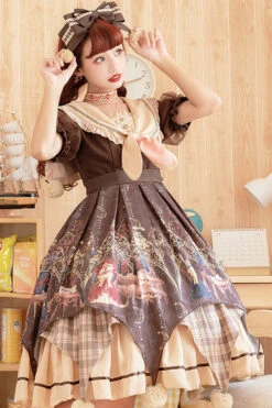 Brown Alchemist Cartoon Anime Print Doll Collar Bowknot Short Sleeves Multi-Layer Pompom Sweet Lolita OP Dress -LolitaInside 8362ed5ebffd4733993069468513bc1d