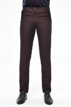 Brown Twill Suit Material Side Pocket Floral Shaped Webbing Gothic Mens Pants