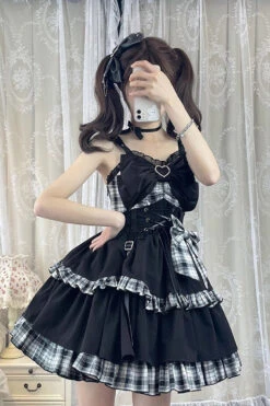 Black/White Plaid Print Color Contrast Leather Buckle Bowknot Ruffle Gothic Lolita JSK Dress -LolitaInside 83c5acad4405ecd1c2596471ce477116