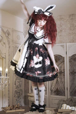 Black/White Navy Collar Short Sleeves Strawberry Bear Print Ruffled Hem Sweet Lolita Dress -LolitaInside 85b36e65f09cd20807d4defe4e855a1e
