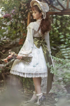 Beige Lace Round Collar Ruffled Lantern Sleeves Fresh Floral Print Sweet Lolita OP Dress -LolitaInside 86087985f2f1b8d1c400a8b5f79fb451
