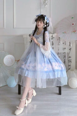 Blue Marine Jellyfish Print Bowknot Long Sleeves Ruffled Chinese Style Sweet Lolita Dress -LolitaInside 8699a449669ff5b7ea95a87d2261767d
