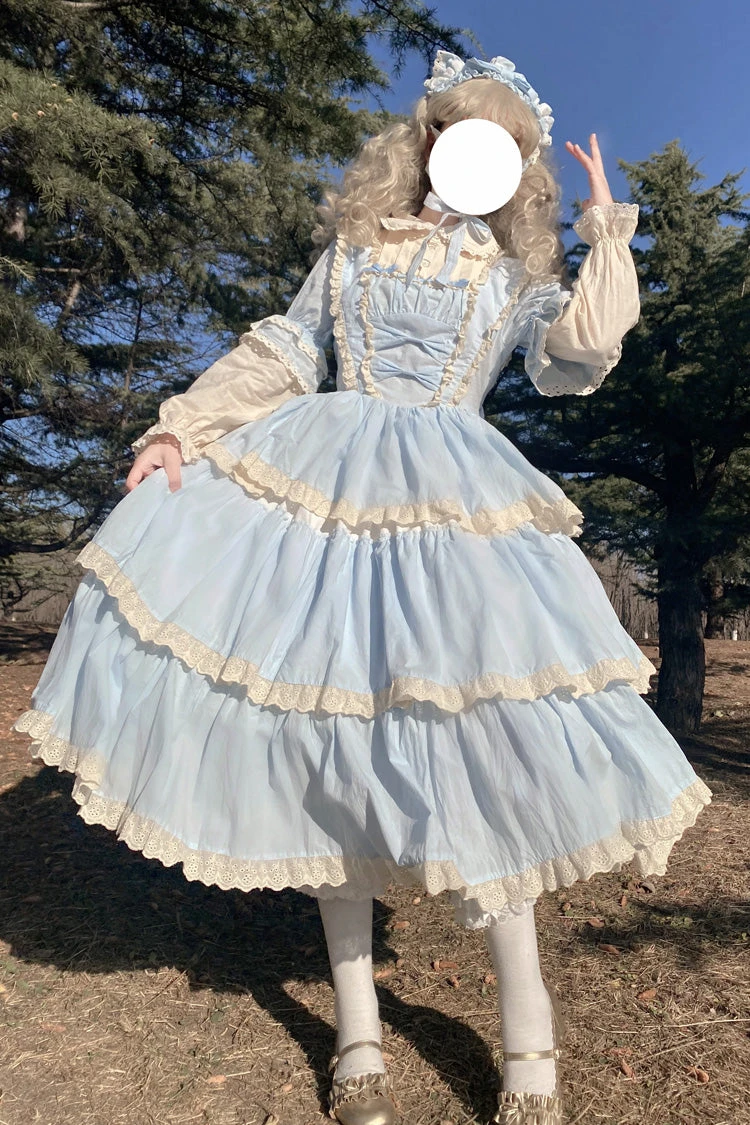 Blue Lapel Collar Long Sleeves High Waisted Multi-layer Bowknot Sweet Lolita Dress 5 Blue Lapel Collar Long Sleeves High Waisted Multi-layer Bowknot Sweet Lolita Dress - Image 3