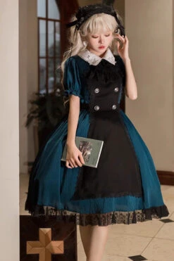 Dark Green Otherworld Deacon Detachable Apron Short Sleeves Gothic Lolita Dress -LolitaInside 86e28c76a2fa034d19513fca5e3ea628