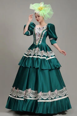 Green Lantern Sleeves High Waisted Lace Stitching Hollow Embroidery Print Victorian Lolita Tiered Dress -LolitaInside 86f4a5fd2b4f22cdb4be194a8afc6b09