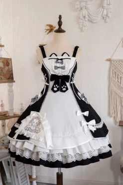 White/Black Cat Print Ruffle Bowknot Maid Sweet Lolita Dress -LolitaInside 86f5e3cff0054c5ee42e3336c81c6735