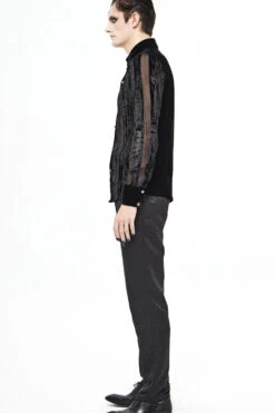 Black Striped Velvet Fold Mushroom Metal Buckles Long Sleeve Irregular Men's Gothic Shirt -LolitaInside 8811a8c20fb61caace54dce28f444c9e