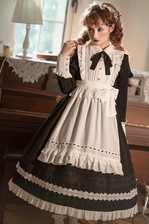 Black Lapel Collar Bowknot Long Sleeves Ruffled Sweet Lolita Maid OP Dress (Apron Is Included) 4 Black Lapel Collar Bowknot Long Sleeves Ruffled Sweet Lolita Maid OP Dress (Apron Is Included) - Image 2