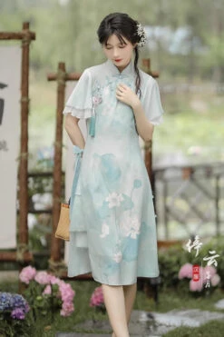 Green Ruffle Short Sleeves Lotus Print Sweet Cheongsam Hanfu Dress -LolitaInside 884577bbc39125be2f5f73ba0cba8a21