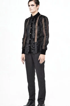 Black Striped Velvet Fold Mushroom Metal Buckles Long Sleeve Irregular Men's Gothic Shirt -LolitaInside 88a8fe01fc2e9228da50293a6a2768d3