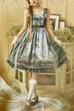 Green Salisbury Cathedral Oil Painting Print Classic Lolita JSK Dress