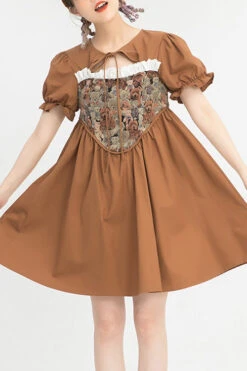 Brown Tie Neck Bear Print Jacquard Panel Bubble Short Sleeves High Waisted Sweet Lolita Dress