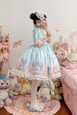 Blue Short Sleeves Baked Bear Print Ruffle Sweet Lolita Dress -LolitaInside 8a143769157f14e5a52d1903b4463601