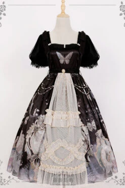 Vintage Elegant Lace Square Collar Bubble Short Sleeves Time Butterfly Print High Waisted Sweet Lolita Dress -LolitaInside 8a2148fbe231aea0c30f43b4c1a85928