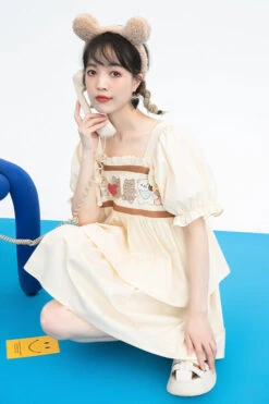 Beige Vintage Square Collar Ruffled Short Sleeves Cartoon Bear Print High Waisted Sweet Lolita Dress -LolitaInside 8ab2c5a1f87e8060a88439d88ec9a463