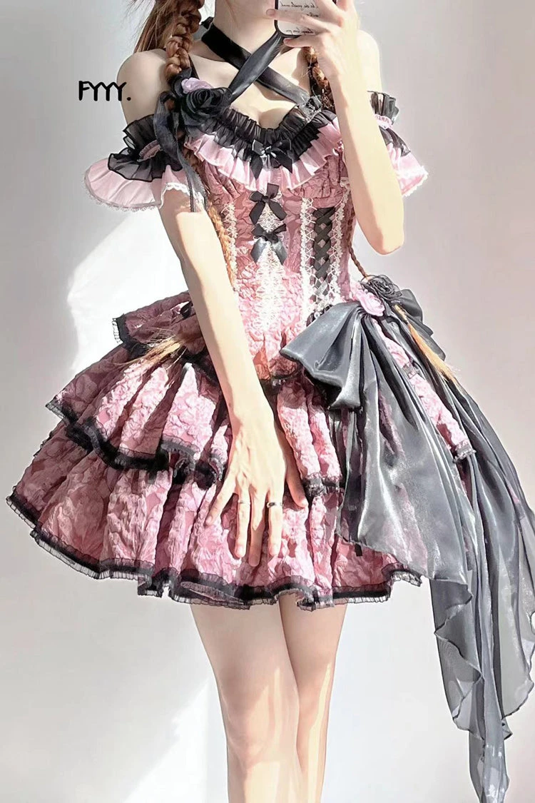 Pink Medea Kiss Short Sleeves Gothic Lolita JSK Tiered Dress 4 Pink Medea Kiss Short Sleeves Gothic Lolita JSK Tiered Dress - Image 2